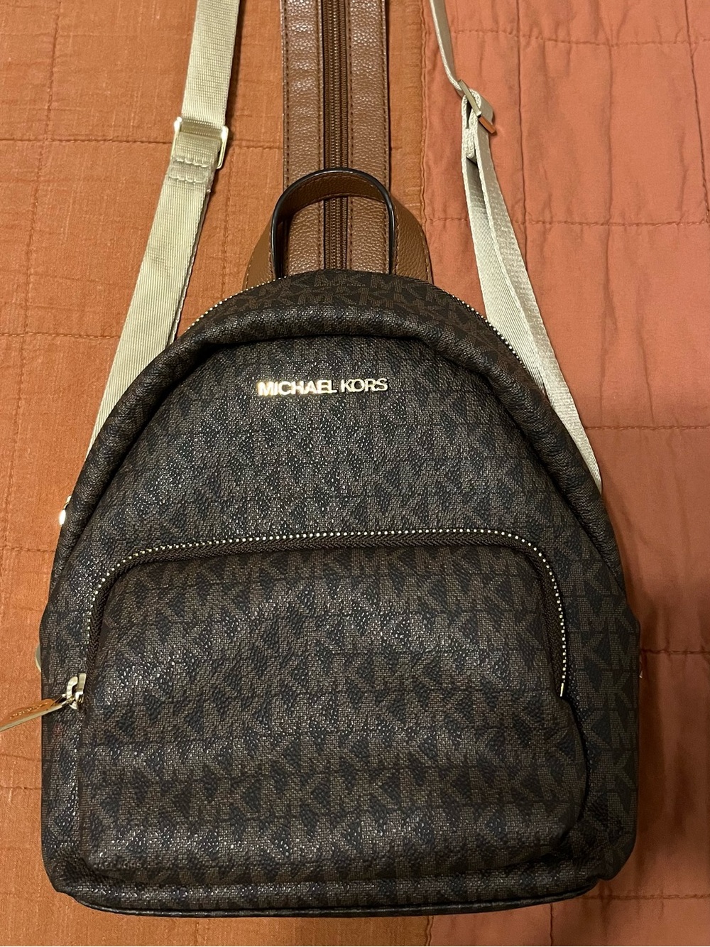 Michael Kors Dark Brown Monogram Backpack with Gold Logo